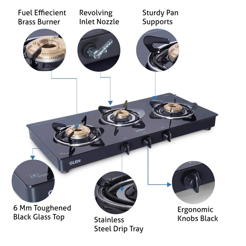 Glen CT1033GT XL 3 Burner Glass Gas Stove – High Flame Brass Burner, Toughened Black Glass & Stainless Steel Drip Tray