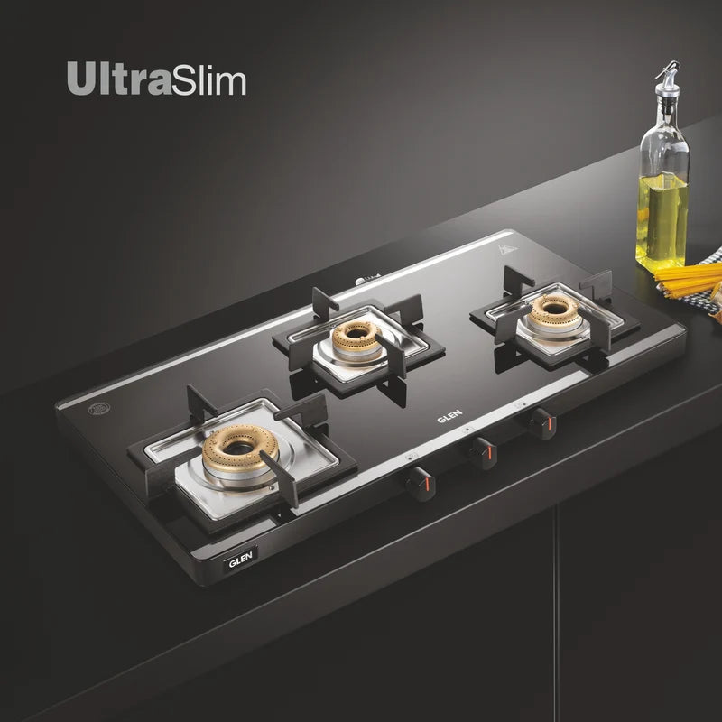 Glen CT1035USMI 3 Burner Ultra Slim Mirror Glass Gas Stove – 8mm Toughened Glass, Forged Brass Burners, High Flame Burner & Manual/Auto Ignition
