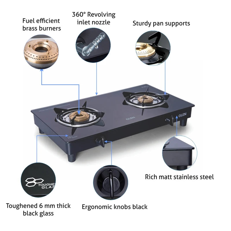 Glen CT1020GTBBBL 2 Burner Glass Gas Stove – 6mm Toughened Glass, Casted Brass Burners & Manual Ignition