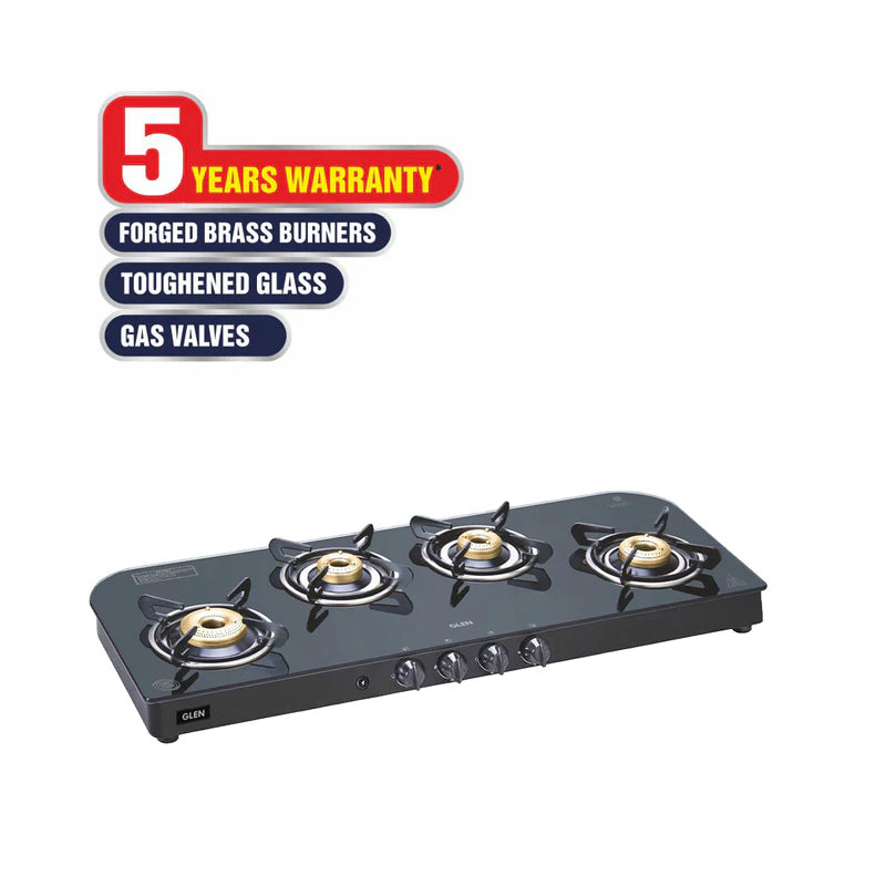 Glen CT1049GTFBAI 4 Burner Extra Wide Glass Gas Stove – 8mm Toughened Black Glass, 3 Forged Brass Burners, High Flame & Auto Ignition