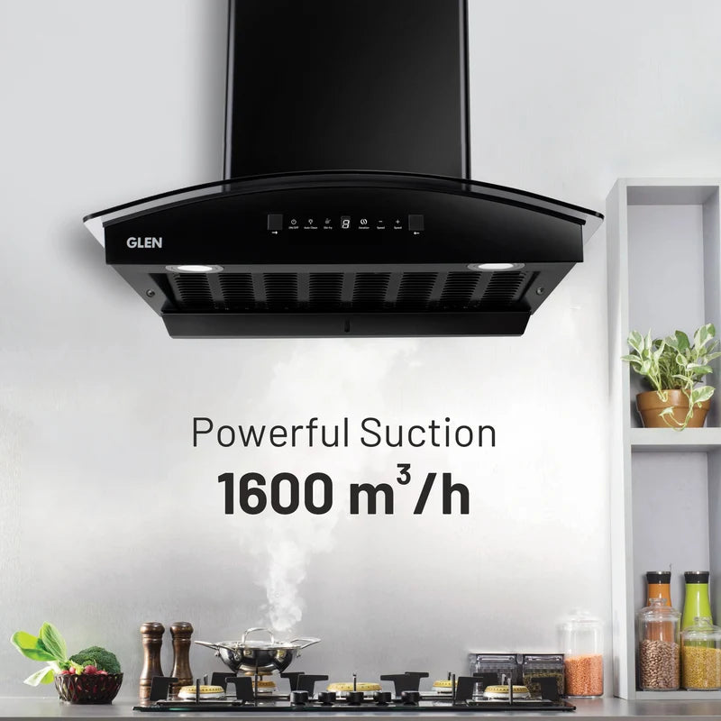 Glen CH 6069 HSR DC AC 60/76/90cm Auto Clean Glass Filterless Kitchen Chimney – 1600 m³/h, Heat Sensor & BLDC Motor