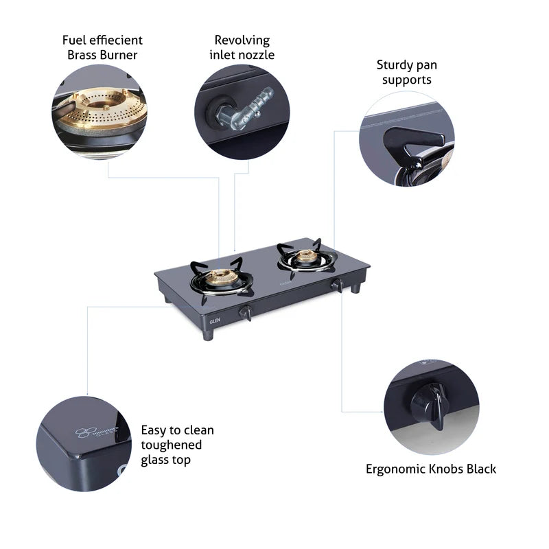 Glen CT1021GTBBBLPN 2 Burner PNG Glass Gas Stove – 6mm Toughened Black Glass, High Flame Brass Burners, 660×395mm Cooktop & Manual Ignition