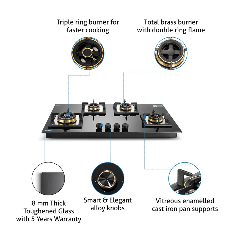 Glen BH1094XLCIHTT2TR 4 Burner Glass Gas Hob Top with Triple Ring & Mini Triple Ring Total Brass Burners, Auto Ignition – 90 cm