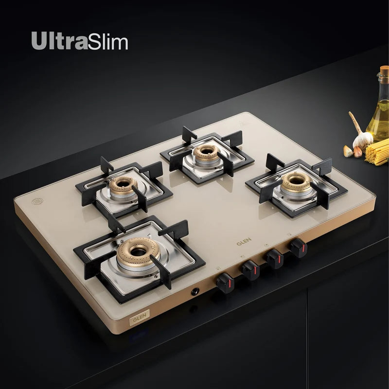 Glen 1047 US 4 Burner Ultra Slim Apricot Glass Gas Stove – 1 High Flame & 3 Forged Brass Burners, Manual/Auto Ignition