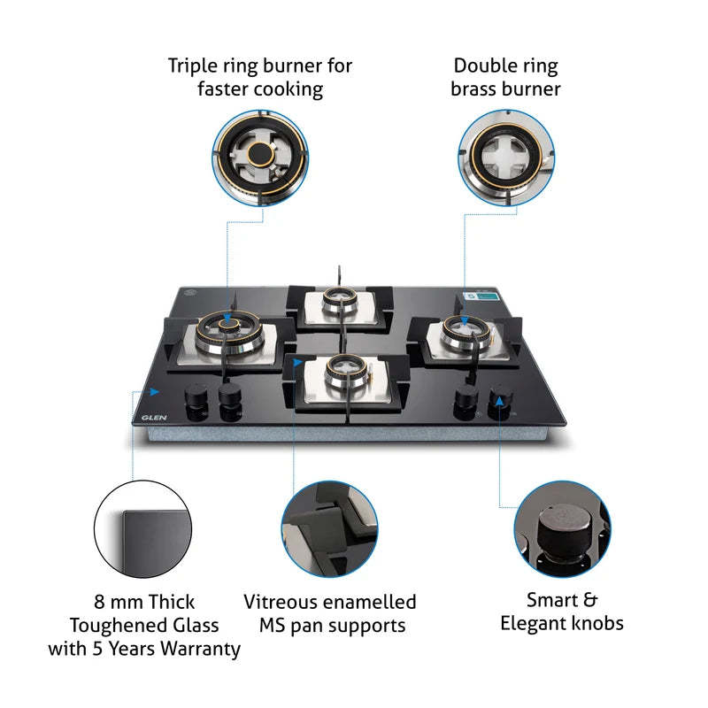 Glen BH1074XSQHTTR70 4 Burner Glass Gas Hob Top with Triple Ring & Forged Brass Double Ring Burners, Auto Ignition – 70 cm