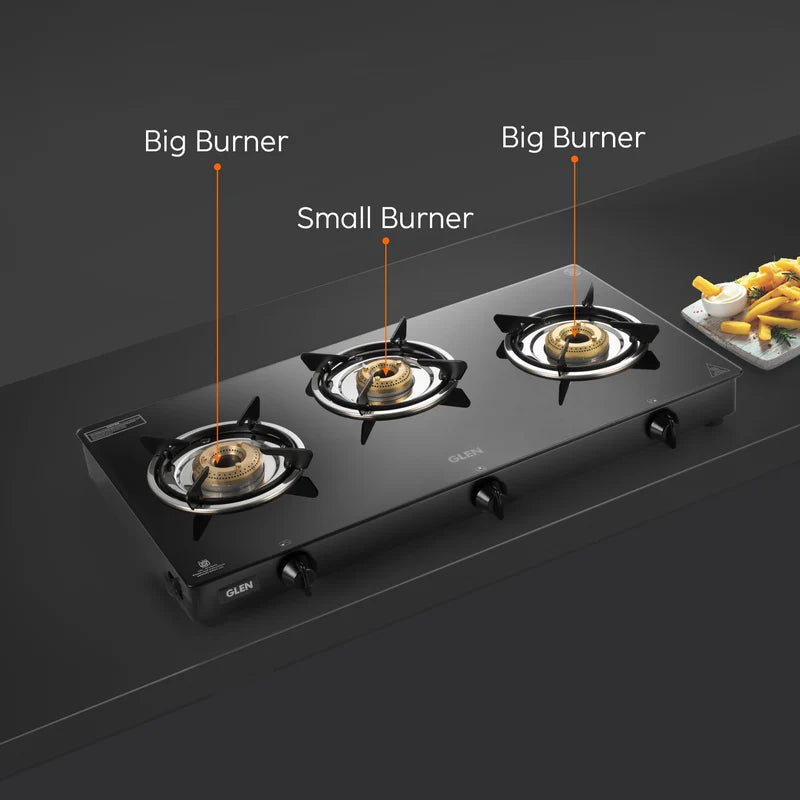 Glen CT1034GTBBBL 3 Burner Glass Gas Stove – Toughened Black Glass, Brass Burners & Stainless Steel Drip Tray