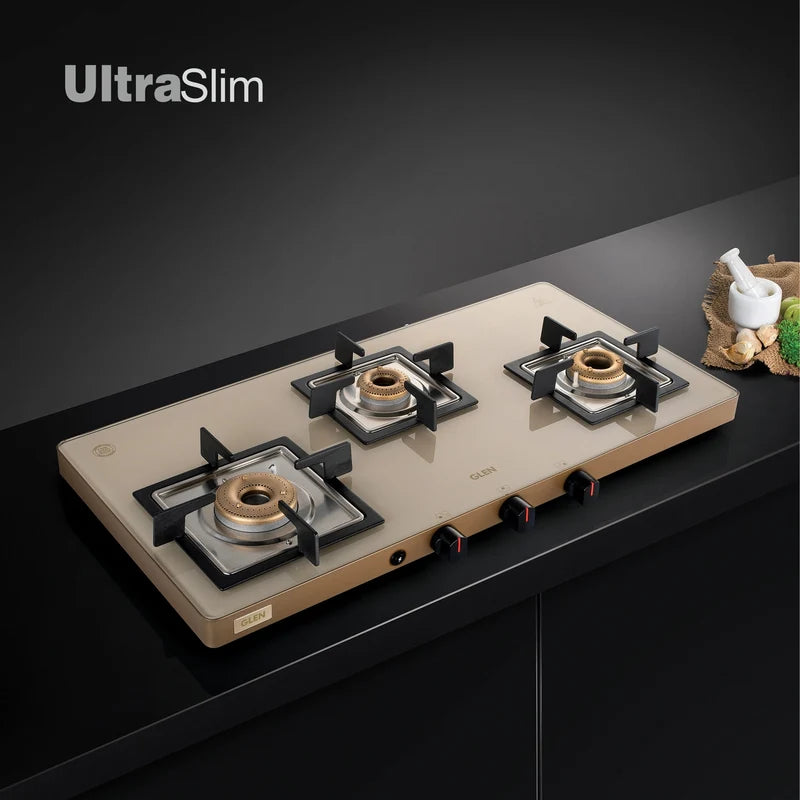 Glen 1035 US 3 Burner Ultra Slim Apricot Glass Gas Stove – High Flame Forged Brass Burner, Toughened Glass & Manual/Auto Ignition