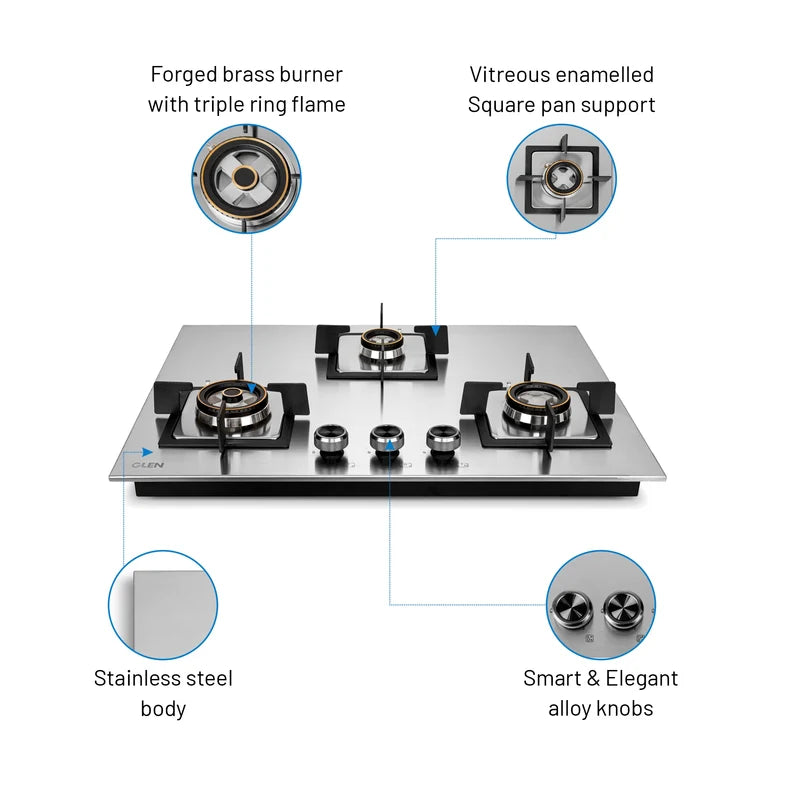 Glen BH1073SQHTSSDBMT70 3 Burner Stainless Steel Hob Top – Mini Triple Ring & Double Ring Forged Brass Burners, Auto Ignition, Alloy Knobs & Enamelled Pan Supports