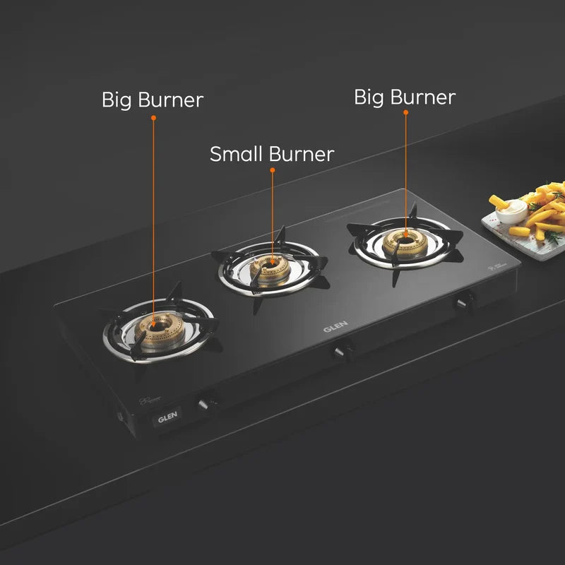 Glen CT1037GTBBBL 3 Burner Glass Gas Stove – 6mm Toughened Black Glass, Brass Burners, 2 Big & 1 Small Burner, SS Drip Tray & Manual Ignition