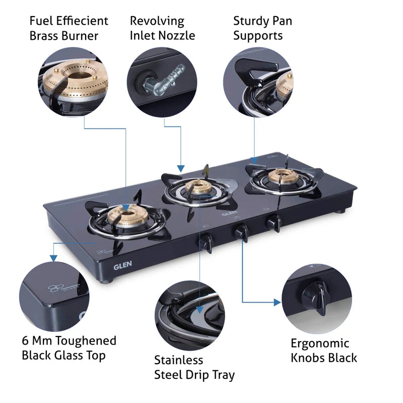 Glen CT1033GTXLBBBLPN 3 Burner PNG Glass Gas Stove – 6mm Toughened Black Glass, Brass Burners, High Flame Burner, Extra Large Cooktop & Stainless Steel Drip Tray
