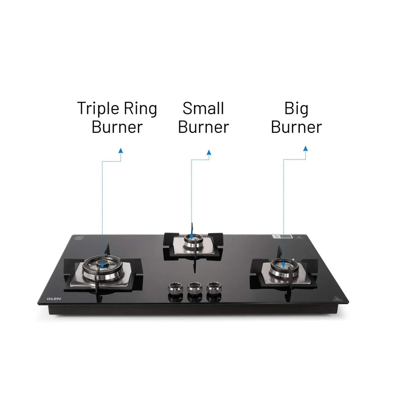 Glen BH1093XLSQHTDBTR 3 Burner Built-in Glass Gas Hob – Triple Ring & Double Ring Forged Brass Burners, 8mm Toughened Glass, Auto Ignition & 900mm Extra-Large Design