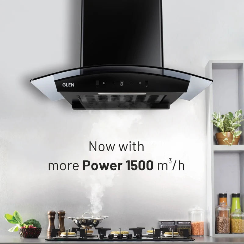 Glen 6059 DI BL AC 60/76/90cm Auto Clean Curved Glass Filterless Kitchen Chimney – 1500 m³/h, Motion Sensor & Digital Display