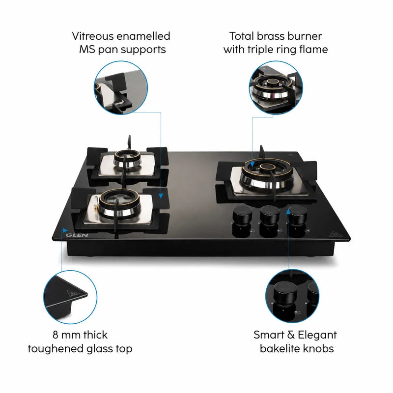 Glen 3 Burner Glass Hob Top with Auto Ignition, Triple Ring Forged Brass Burners | Model 1063 SQ HT DB TR