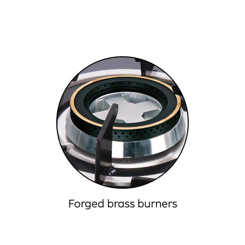 Glen 1012 RODB 2 Burner Built-in Glass Hob – Double Ring Forged Brass Burners, 8mm Toughened Glass, Auto Ignition & European Gas Valves