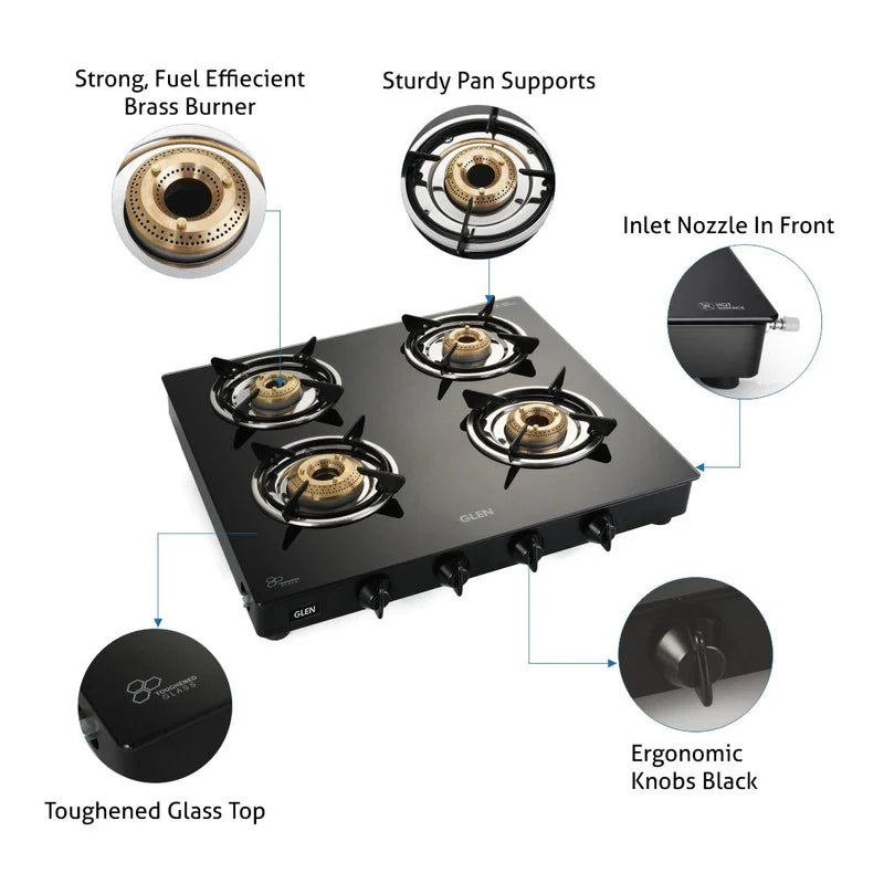 Glen 1040 GT XL HF 4 Burner LPG Gas Stove – High Flame Brass Burners, Toughened Black Glass & ISI Certified