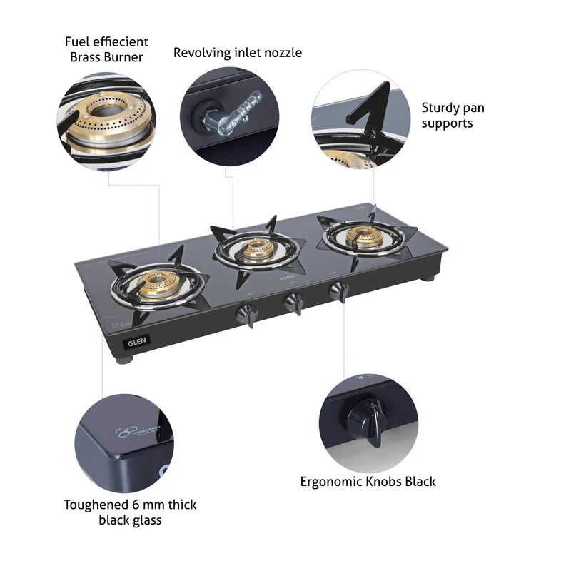 Glen 1030 GT Junior 3 Burner Glass Gas Stove – 6mm Toughened Black Glass, Brass Burners & Stainless Steel Drip Tray