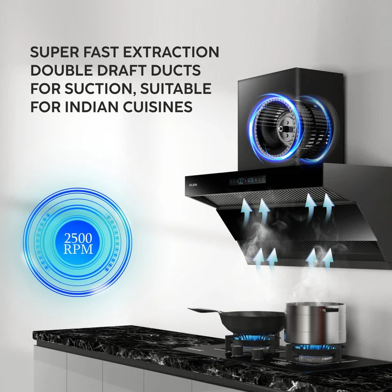 Glen CH 6076 AC 60/75/90cm Auto Clean Double Draft Filterless Kitchen Chimney – 1600 m³/h, Inverter Technology & BLDC Motor
