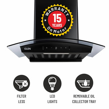 Glen 6059 DI BL AC 60/76/90cm Auto Clean Curved Glass Filterless Kitchen Chimney – 1500 m³/h, Motion Sensor & Digital Display