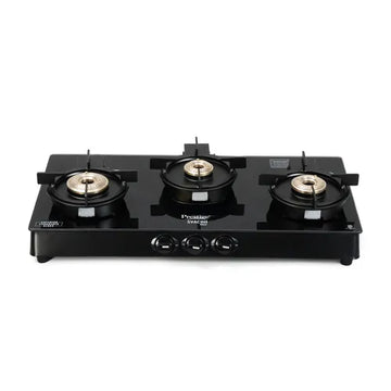 Prestige Svachh Neo GTSN 03 3-Burner Gas Stove – Toughened Glass Top with Liftable Brass Burners & Jumbo Burner