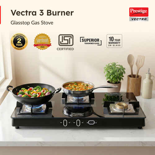Prestige Vectra 3 Burner Gas Stove – Toughened Glass Top with Jumbo Brass Burners, 360° Revolving Nozzle