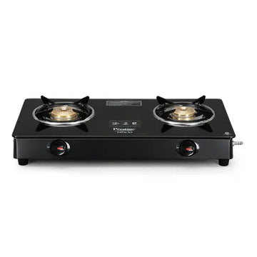 Prestige Efficia 2B 2-Burner Gas Stove – Toughened Black Glass Top with Brass Burners
