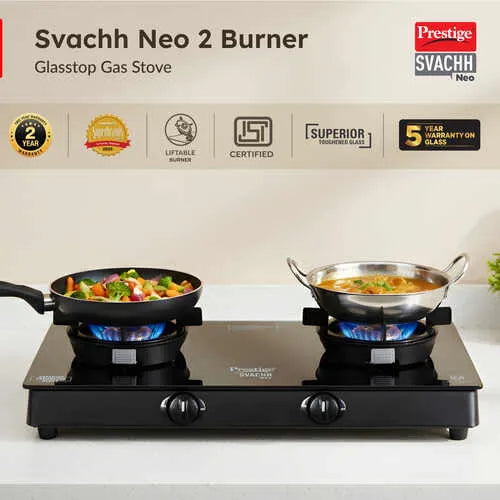 Prestige Svachh Neo GTSN 02 2-Burner Gas Stove – Toughened Glass Top with Liftable Brass Burners