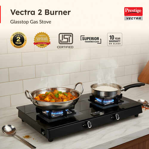 Prestige Vectra 2 Burner Gas Stove – Toughened Glass Top with Jumbo Brass Burners, 360° Revolving Nozzle