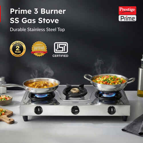 Prestige Prime 3 Burner Gas Stove – Heavy Gauge Stainless Steel Body with Tri-Pin Brass Burners