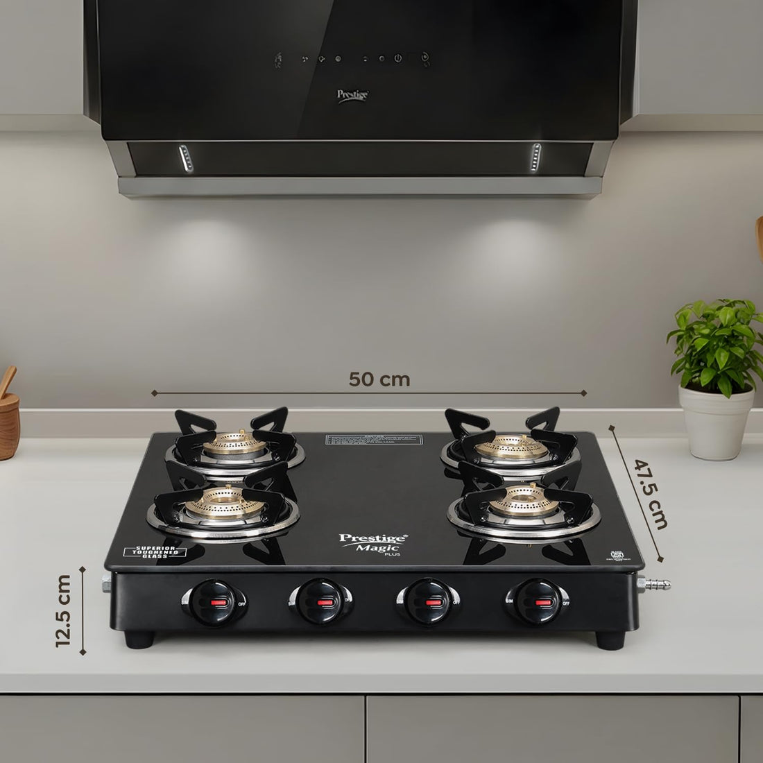Prestige Magic Plus GTMP-04 SQ 4-Burner Gas Stove – Toughened Black Glass Top with Tri-Pin Brass Burners