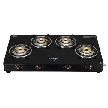 Prestige Magic Plus GTMP-04 4-Burner Gas Stove – Toughened Black Glass Top with Tri-Pin Brass Burners