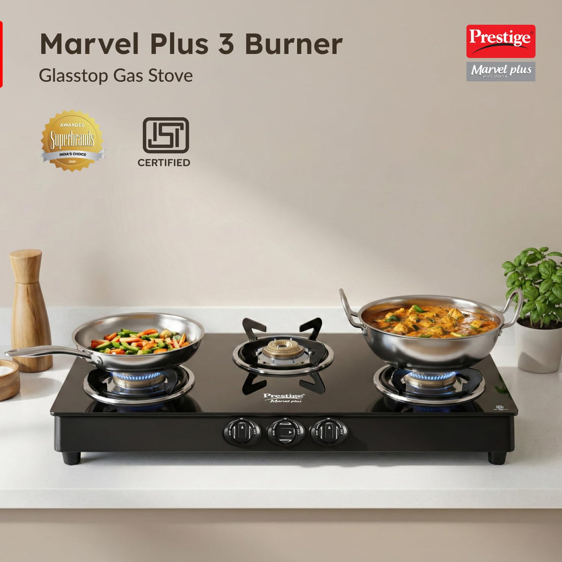 Prestige Marvel Plus GTM-03 3-Burner Gas Stove – Toughened Black Glass Top with High-Speed Jumbo Burner