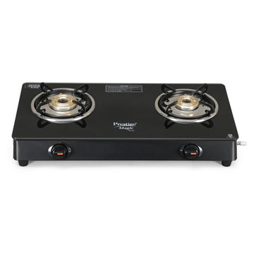 Prestige Magic Plus GTMP-02 2-Burner Gas Stove – Toughened Black Glass Top with Tri-Pin Brass Burners