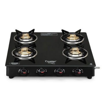 Prestige Magic Plus GTMP-04 SQ 4-Burner Gas Stove – Toughened Black Glass Top with Tri-Pin Brass Burners