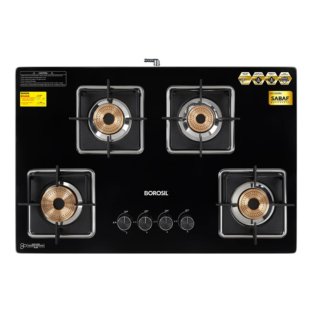 Borosil Lumina 3 Burner Glass Top Gas Stove with Jumbo Burner, 6 mm Toughened Glass, Flame Guard & Metallic Knobs – Black