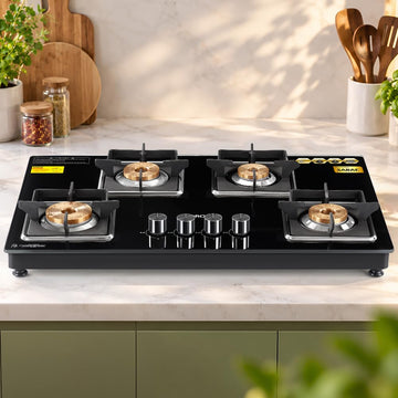 Borosil Lumina 3 Burner Glass Top Gas Stove with Jumbo Burner, 6 mm Toughened Glass, Flame Guard & Metallic Knobs – Black