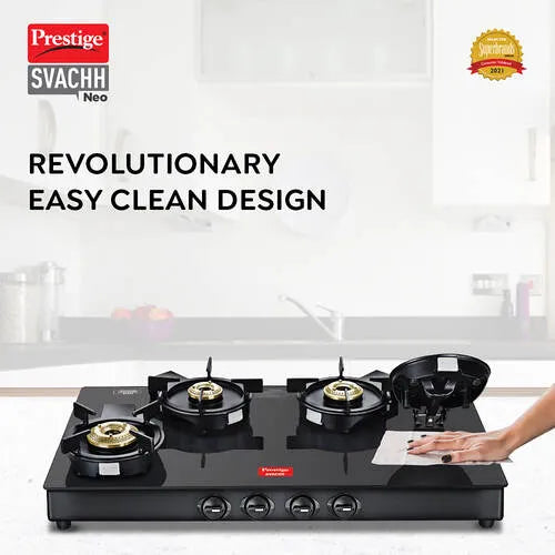 Prestige Svachh Neo GTSN 04L 4-Burner Gas Stove – Toughened Glass Top with Liftable Brass Burners
