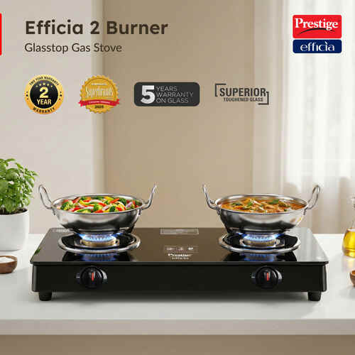 Prestige Efficia 2B 2-Burner Gas Stove – Toughened Black Glass Top with Brass Burners
