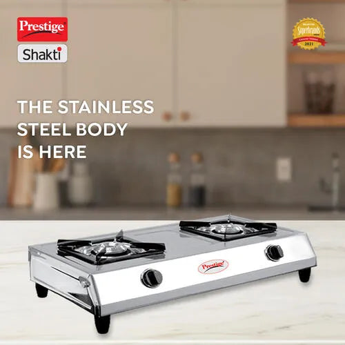 Prestige Shakti 2 Burner Gas Stove – Stainless Steel Body with Tri-Pin Brass Burners