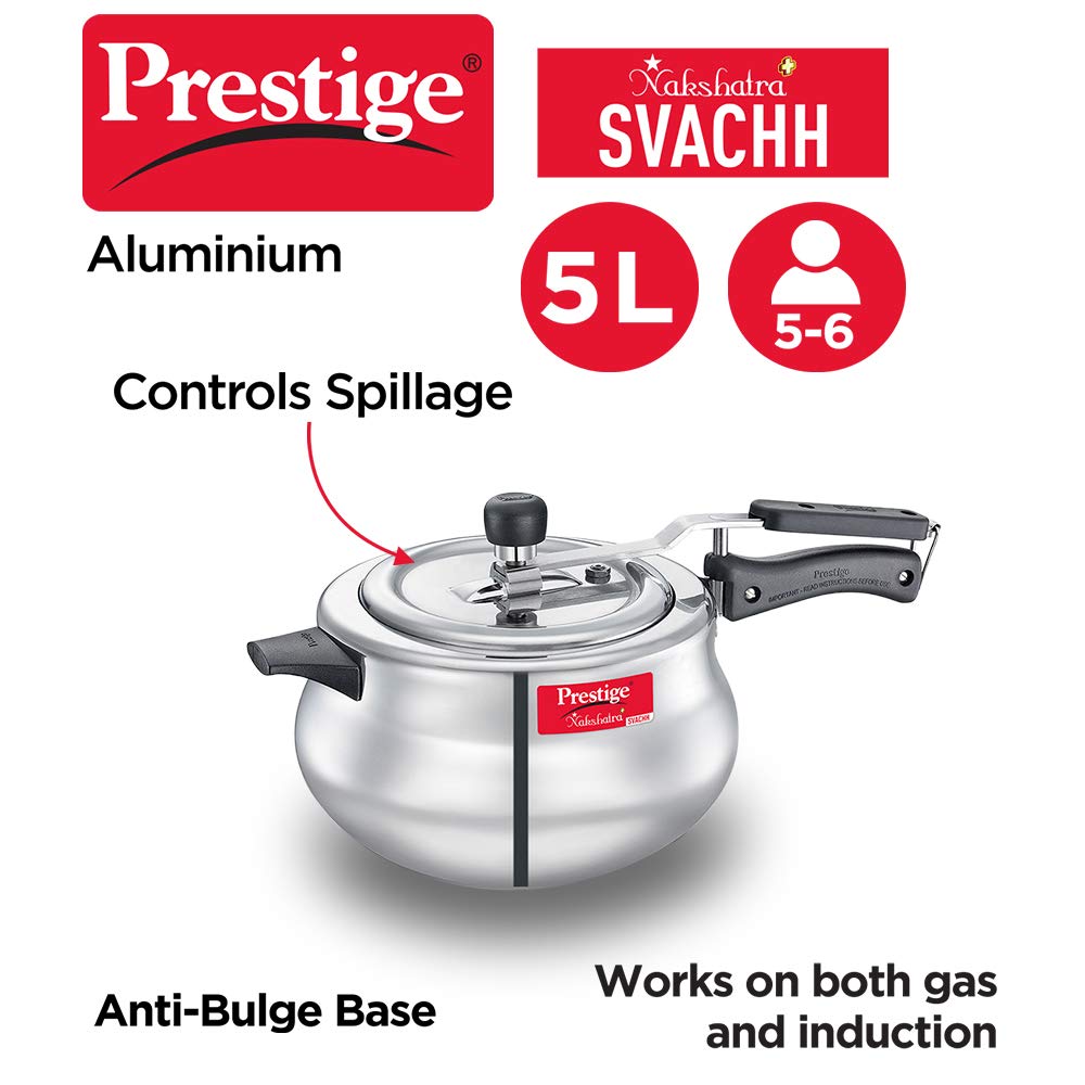 Prestige Nakshatra Plus Svach Aluminum Inner Lid Pressure cooker, Handi (Silver)With gas Induction Competible