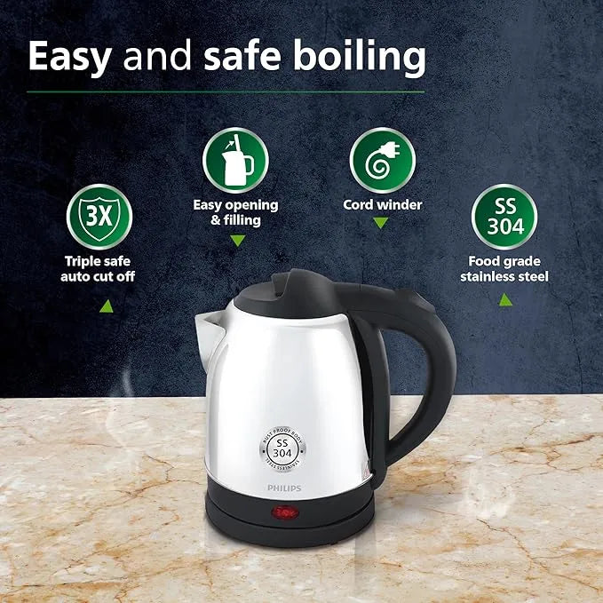Philips HD9373/00 Kettle | 1.5L Stainless Steel and 1500W | triple safe auto cut off | Black