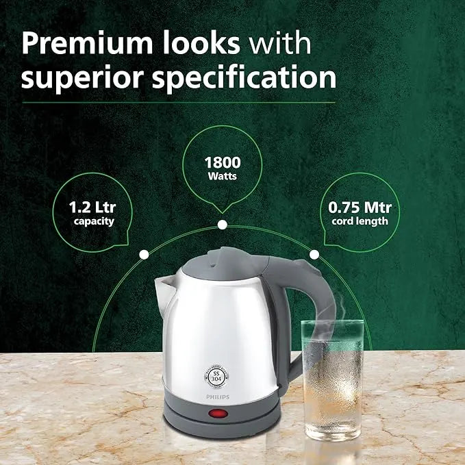 Philips Kettle HD9363/02 | 1.2L Stainless Steel Body with Auto Cut-Off | 1300 Watt in Grey