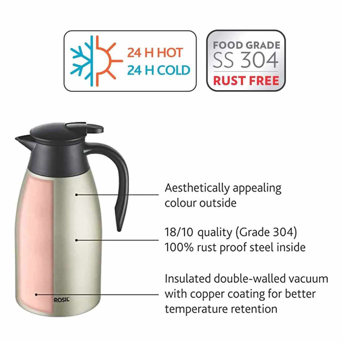 Borosil Oyster 2L Insulated Teapot with Handle | Stainless Steel Thermosteel Carafe | 24H Hot & Cold