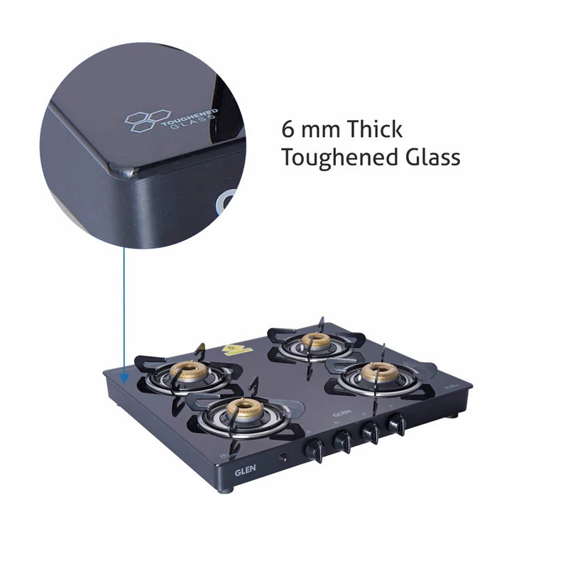 Glen CT1041GTFBBLAI 4 Burner Glass Gas Stove – 6mm Toughened Glass, 4 Forged Brass Burners & Multi-Spark Auto Ignition