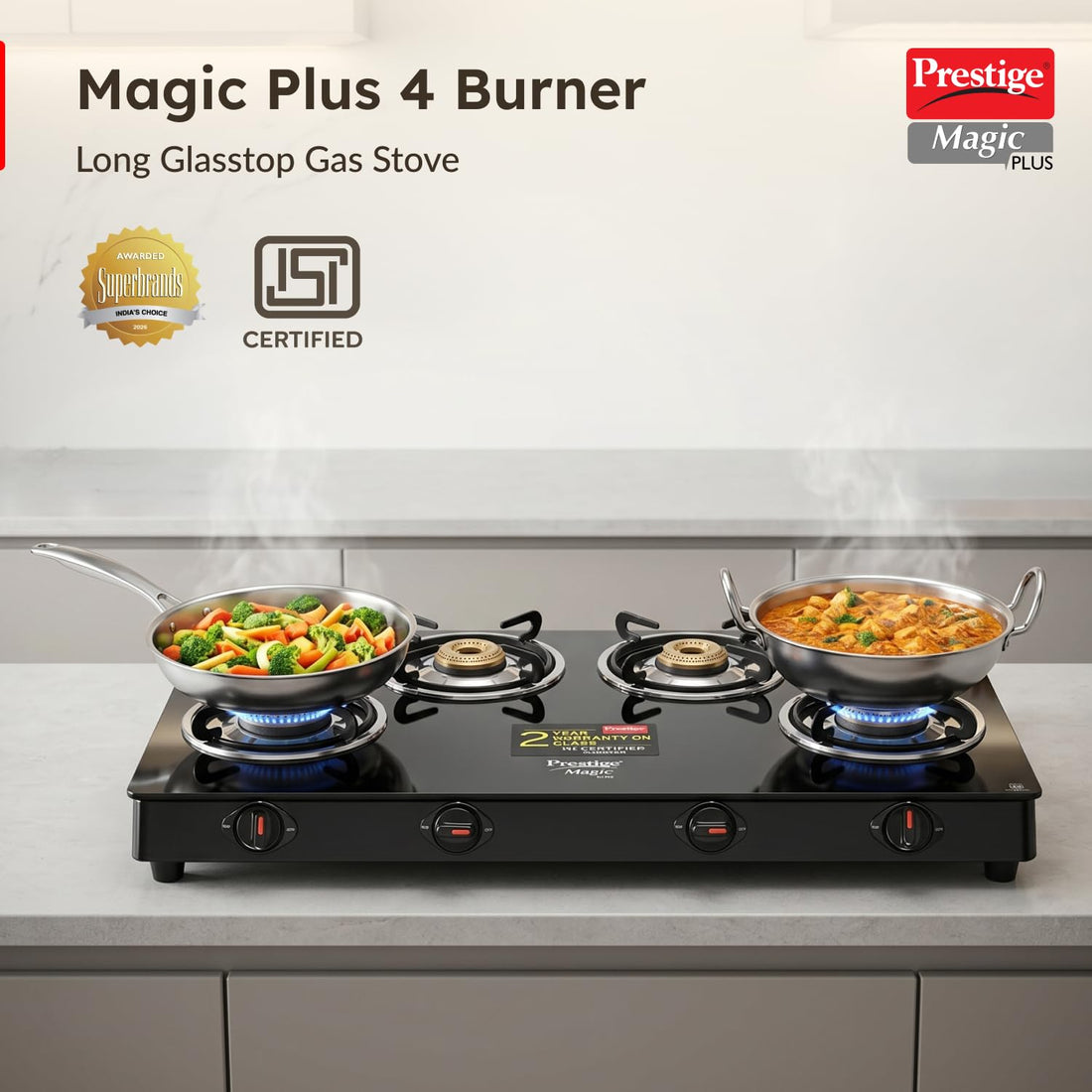 Prestige Magic Plus GTMP-04 4-Burner Gas Stove – Toughened Black Glass Top with Tri-Pin Brass Burners
