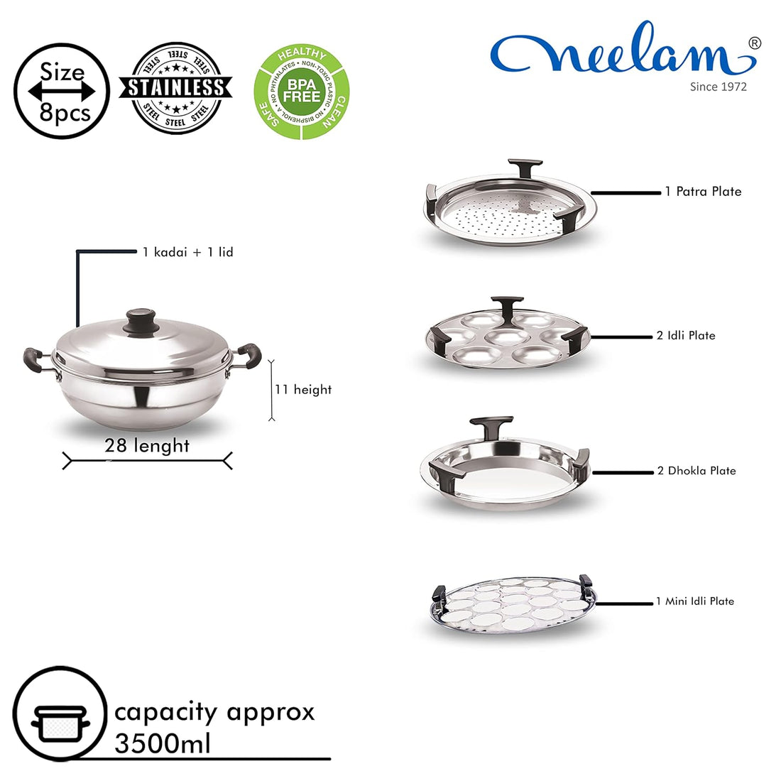 Neelam Stainless Steel Multi Kadai 3500 ml