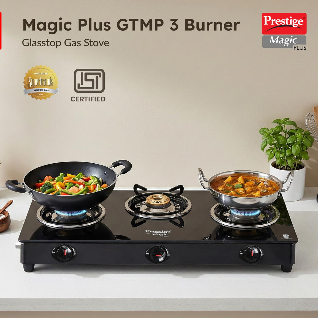 Prestige Magic Plus GTMP-02 2-Burner Gas Stove – Toughened Glass Top with Tri-Pin Brass Burners