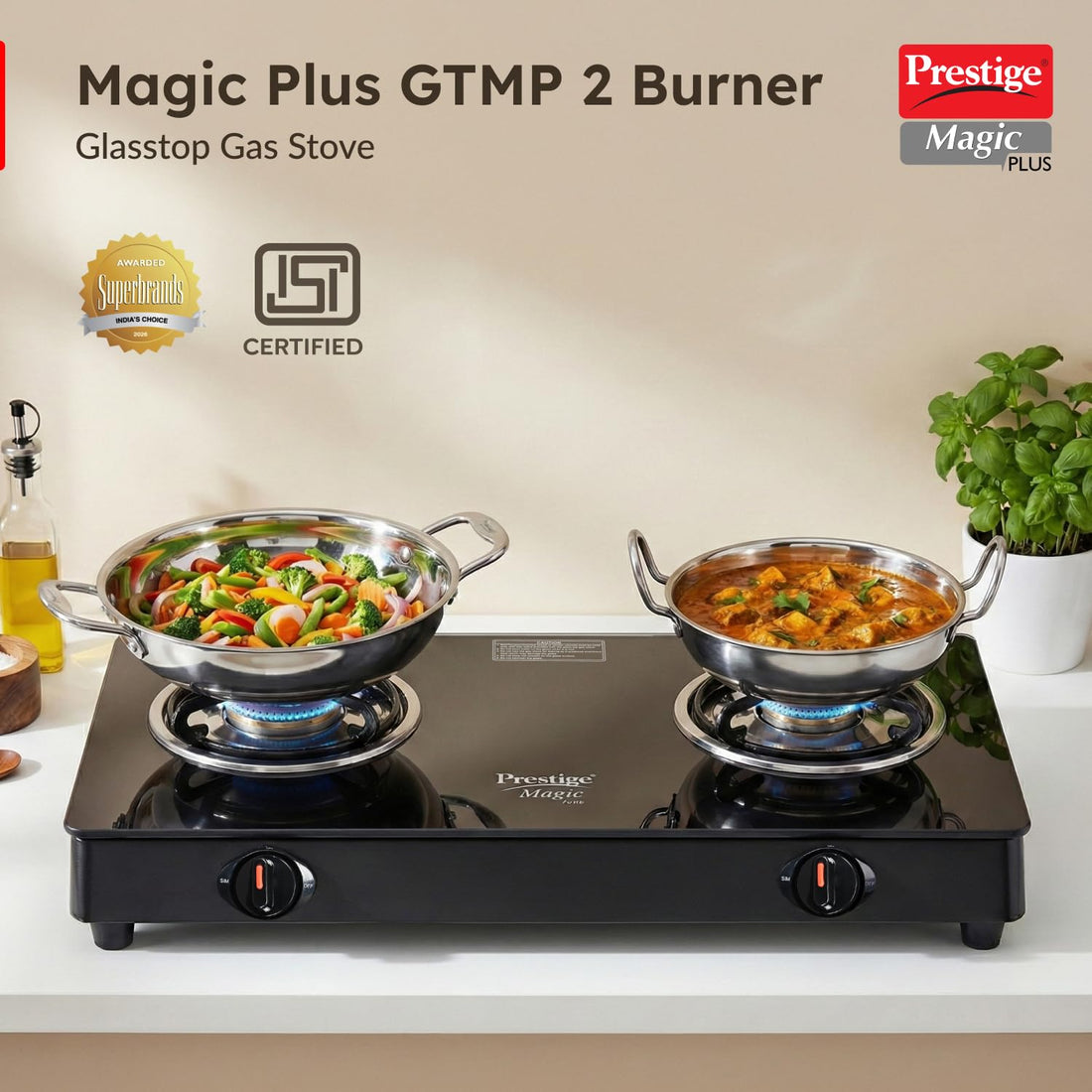 Prestige Magic Plus GTMP-02 2-Burner Gas Stove – Toughened Black Glass Top with Tri-Pin Brass Burners