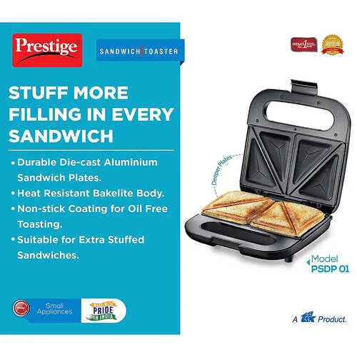 Prestige PSDP 01 Deep Sandwich Maker – 750W Electric Sandwich Toaster with Non-Stick Plates for Extra-Stuffed Sandwiches
