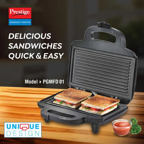 Prestige PGMFD Sandwich Toaster – 800W Grill Sandwich Maker with Non-Stick Plates, Auto Cut-Off & Power/Ready Indicators