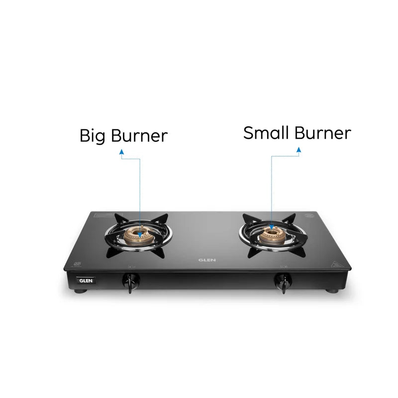 Glen CT1020GTJMBB 2 Burner Glass Gas Stove Jumbo – Toughened Black Glass, Brass Burners & Stainless Steel Drip Tray